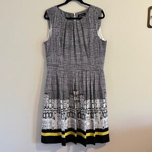 Ellen Tracy Black and White Midi Dress with Yellow Trim